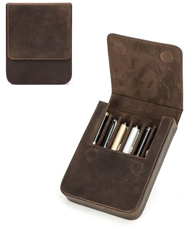 CONTACT'S FAMILY Federmäppchen aus Leder, Vintage-Stil, handgefertigt, echtes Leder, Füllfederhalter-Organizer, Stiftaufbewahrung, Geschenkbox (Kaffee), 6 Fächer: Kaffee, Stifteetui