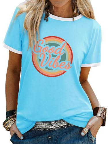 Dresswel Damen Good Vibes Regenbogen T-Shirt Rundhals Kurzarm T Shirt Sommer Oberteile Tops Baumwolle Tee Shirts