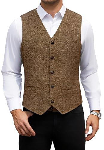 HISDERN Anzugweste für Herren Vintage Casual Tweed Weste Herren Herringbone Wollweste Formelle für Hochzeit Business mit Taschen