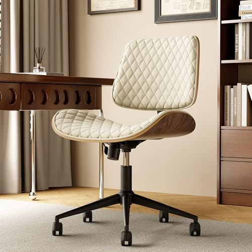 EIZIMZVU Ergonomischer Bürostuhl ohne Armlehnen, Höhenverstellbar, Drehstuhl mit Rollen, Schreibtischstuhl aus PU-Leder für Home Office, Schminktisch Stuhl, Walnuss Holz Design (Pfirsichholz – Weiß)
