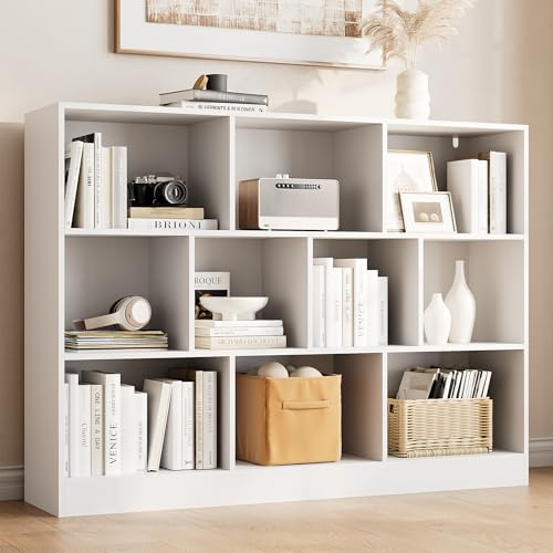 AUREUM OPAL Bücherregal, Standregal mit 3 Ebenen 10 Ablagen, Bücherschrank, 29,3 x 110 x 84 cm, Würfelregal für Wohnzimmer, Büro, Schlafzimmer, Arbeitszimmer (1, Weiß)