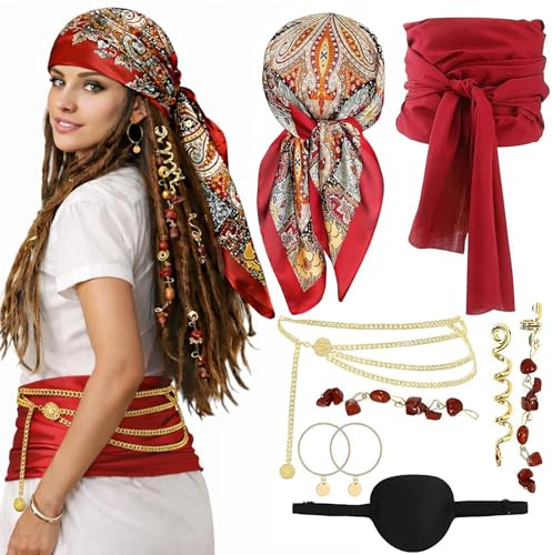 Piratenkostüm Damen Accessoires 8-teilig – Kopftuch 90×90, 360 cm Gürtel, Augenklappe, Ohrring, Dreadlocks Schmuck & Taillenkette für Halloween, Karneval, Cosplay und vielseitige Piraten Verkleidungen