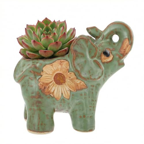 YARNOW Elephant Shaped Ceramic Succulent Pot Breathable Desktop Plant Pot for Home Office Garden Decoration