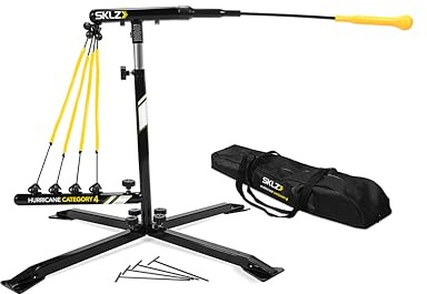 SKLZ Hurricane Batting Swing Trainer for Baseball & Softball - Durable Swing Arm - 4 Power Band System - High-Visibility, Anti-Dent Target Ball Head - Screw-in Base Legs, Metal Stakes & Carry Bag