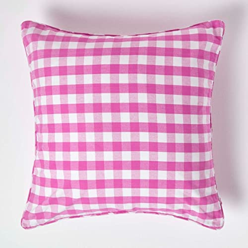 HOMESCAPES Pink and White Gingham Cushion Cover 60 x 60 cm (24” x 24”) Block Check Pattern 100% Cotton Decorative Large Square Cushion