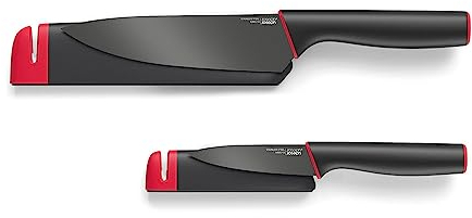 Joseph Joseph - Slice&Sharpen - Set de couteau - Office + Chef - avec Aiguiseur en Céramique Intégrés au Fourreaus de Protection, Noir/Rouge