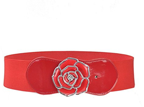 Rose Belt, Silver Lined Decorated Belts, Rose Stretchable Elastic Belt for Women, One Size, Red