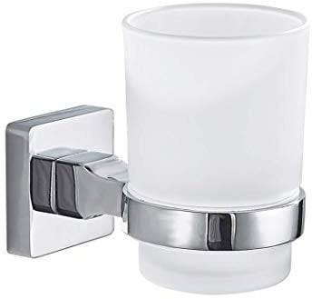 PHOEWON Single Glass Tumbler Wall Mounted Toothbrush Tumbler Holder 304 Stainless Steel and Frosted Glass Tumbler Holder Toothpaste Double Glass Holder for Lavatory, Bathroom
