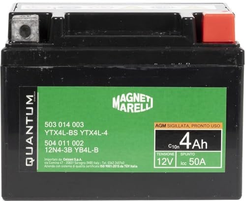 Magneti marelli batteria moto e scooter 4AH 12V 50A tecnologia AGM sigillata polo positivo destro Codice JIS: YTX12-BS YTX12-4