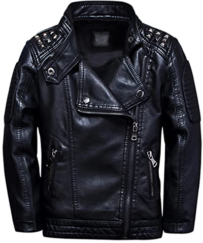 TLAENSON Boys Black Leather Jacket Studded Motorcycle Faux Leather Coat 4-5 Year Size 110