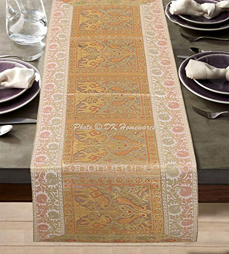 DK Homewares Indisch Weiß 150 X 40 cm Brokat Tischläufer Zuhause Dekorativ Jacquard Elefant Pfau 5 Ft Rechteckig ESS-Herzstück (60 X 16 Zoll/Weiß Gold)