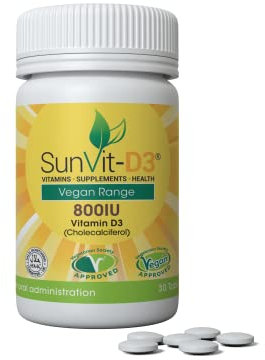 Sunvit-D3 Vegan Lichen D3 Vitamins Tablets - Vegan Vitamin D Tablets 800 IU | 30 Daily Vitamin Tablets | Keep Teeth & Bones Strong with Vitamin D3 Tablets | Halal Certified, Made in UK & GMP Approved
