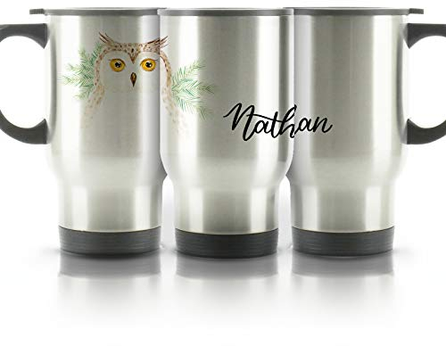 Hairyworm Personalised Travel Mug, 400ml Silver Stainless Steel Travel Mug with Handle, Customised with Initial/Name, Brown Owl Pine Tree Design Print