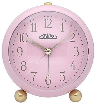 PRIM Candy Pastel Alarm Pink Metal Wecker ohne Ticken, klassischer Wecker analog mit goldenen Zahlen in süßen Pastellfarben, Ideal auch als Vintage Deko