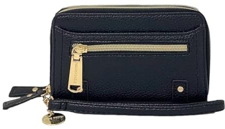 Steve Madden Kleine Geldbörse mit doppeltem Reißverschluss und Handgelenkriemen, Schwarz mit Gold, Einheitsgröße