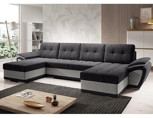 MODERNO Wohnlandschaft Sofa mit Schlaffunktion ENZO U - Sofa U-Form mit Bettkasten - Modern Ecksofa Schlafcouch - Steppsofa Zweifarbig - Schwarz-Grau