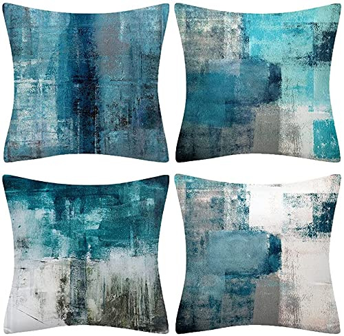 QUALKNOY Set of 4 Velvet Cushion Covers 45x45 cm, Teal Abstract Art Modern Decorative Throw Pillow Cases 18x18 inches for Living Room Sofa Garden Outdoor Courtyard Decor Pillowcases