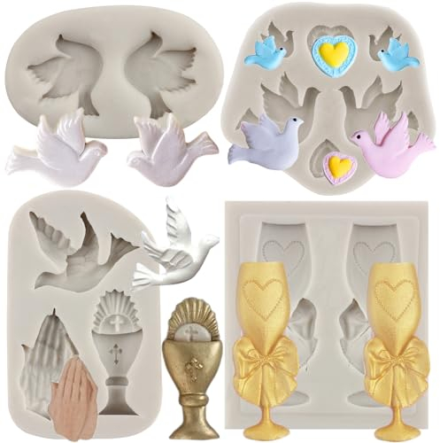 MYPRACS 4 Stück Kommunion Silikonform Weinglas Kelch Fondant Formen Tauben Vogel Form betende Handform für Kuchendekoration Cupcake-Topper Süßigkeiten Polymer Ton Schokolade Gummipaste