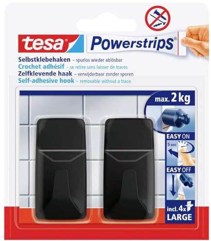 tesa Black Hooks L Powerstrips Klebehaken Large Eckig (B x H) 20 mm x 50 mm Schwarz Inhalt: 2 St.