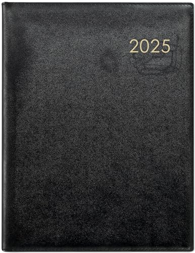 Zettler - Wochenbuch Leder 2025 schwarz, 21x26,5cm, Taschenkalender mit 128 Seiten im wattiertem Einband, 1 Woche auf 2 Seiten, Fadensiegelung, Eckenperforation und internationales Kalendarium