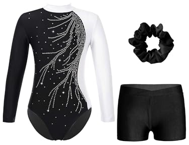 iiniim Mädchen Turnanzug Glitzer Gymnastikanzug mit Shorts Haarband Trikotanzug Langarm Gymnastik Leotard Wettbewerb Tanzkostüm Weiß&Schwarz 158-164
