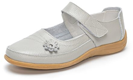 Rusffes Womens Leather Mary Jane Shoes Ladies Wide Fit Flat Shoes Casual Work Office Nurse Shoes Grey 5.5uk