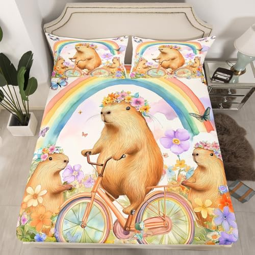 Capybara Spannbettlaken für Doppelbett, lustiges Tierfahrrad, romantisches Blumenmuster, 3-teilig, Kinder-, Jugendzimmer-Dekoration, Natur, Garten, Gänseblümchen, Blumen, Regenbogenhimmel