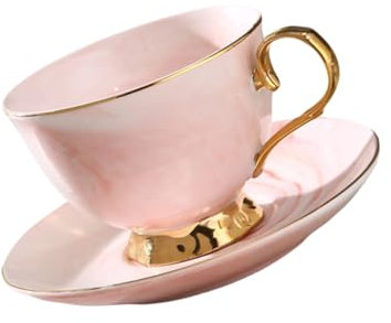 HOLIDYOYO 250ml Red Porcelain Coffee Cup Set Unique Marble Design Marble Coffee Mug and Saucer