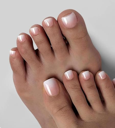 120 Stück MouyouGlow Fake Zehennägel Fußnägel zum Aufkleben Kurz,Squared Nude Ombre Weiß Natural Verlauf White Künstlich Toe Nails Full Cover Fuß Press on Nails mit Kleber