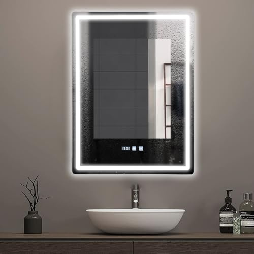 Donened - Espejo de baño LED con iluminación, 60 x 80 cm, espejo de pared para baño, sin vaho, TRES colores de luz, espejo luminoso de ahorro de energía, instalación vertical, color plateado