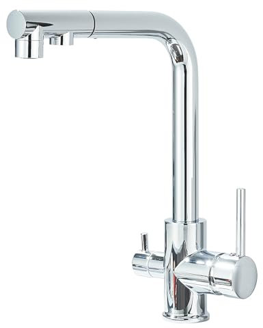 HARNART 3 Wege Wasserhahn Küche, 360° Drehbar Küchenarmatur, 3 in 1 Mischbatterie für Wasserfilter, Trinkwasserhahn mit 2 Hebel, Drei Wege Armatur Küche aus Edelstahl, Galvanisierung