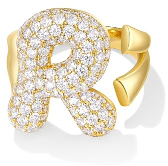 KissYan Gold Blase Buchstaben Ringe für Damen Frauen, 14K Vergoldet Buchstaben A-Z Ring Offen Verstellbare Ringe Personalisierte Mode Trendy Aussage Schmuck Geschenk