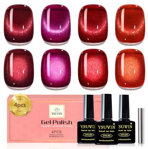 UV Nagellack Cat Eye, 4 Rot Violett Glitzernd Magnet Gel Nagellack UV | YSUVIN 4 Farben Soak-Off Magnetic Cat Eye Gel für Anfänger DIY Nail Art Maniküre Salon, 8 ML