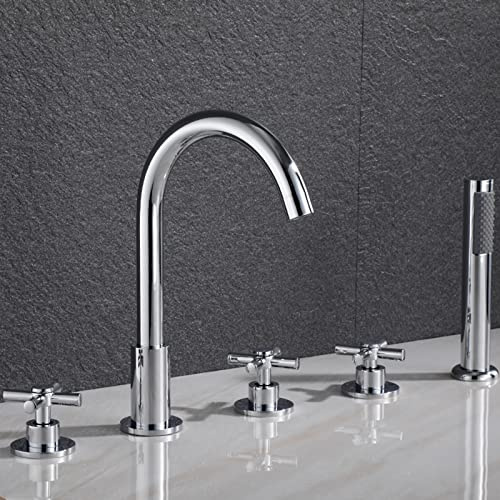 5 Trous Mitigeur Baignoire avec Douchette Pivotant 2 Poignées Laiton Robinet Baignoire-Chromé