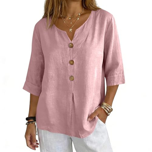 3/4 Length Sleeve Womens Tops Cotton Linen V Neck T Shirts Summer Beach Casual Boho Three Quarter Sleeve Tops Pink XL