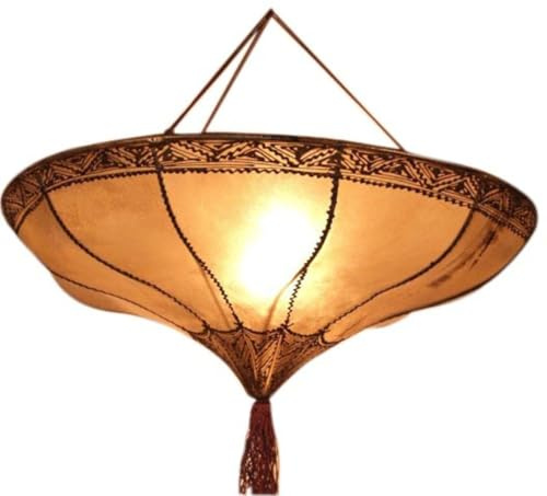GURU SHOP Henna Leder Deckenlampe, handgefertigt, orientalisch, Salem natur | Aus Rajasthan, Ziegenleder, traditionelle Motive, intensive Farben, pflegeleicht, nur trocken reinigen