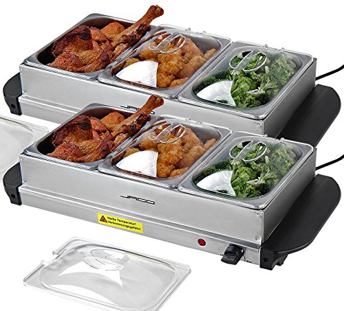 Jago® Scaldavivande Elettrico per Buffet - Temperatura Regolabile 40-85°C, Acciaio Inossidabile, Coperchio Trasparente - Chafing Dish (3 contenitori / 3 x 1.5L (4.5L))