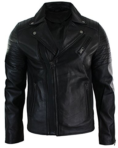 Mens Slim Fit Cross Zip Retro Vintage Brando Real Leather Jacket Vintage Biker Black