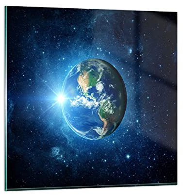 Wandbilder Dekoration Wohnzimmer Erde Universum Sterne Galaxie Bilder auf Glas 50x50cm Glasbild Schlafzimmer Küche Deko Wand Kunstdruck Art Klein Wanddeko Bild im Glas Modern Wall Decor GAC50x50-2943