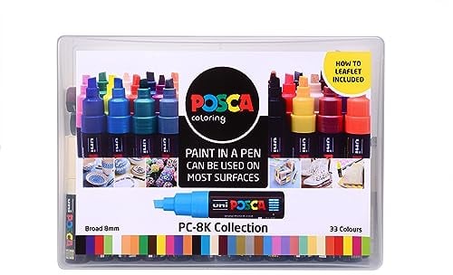 Posca 153544870 Lot de 33 Marqueur peinture avec encre à base d'eau et pointe biseautée large en acrylique 8 mm