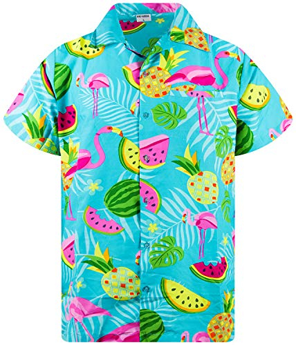 King Kameha Funky Camisa-Hawaiana, Manga-Corta, Flamingo-Melon, Turquesa, XL