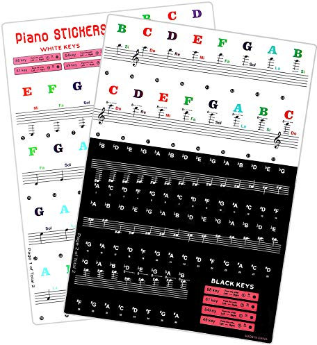 Klavier-Aufkleber, Klaviertastatur-Aufkleber für 88/61/54/49/37/32 Tasten, bunte Lernklavier-Aufkleber für weiße und schwarze Tasten mit Reinigungstuch und Montage-Stick (2 Stück)