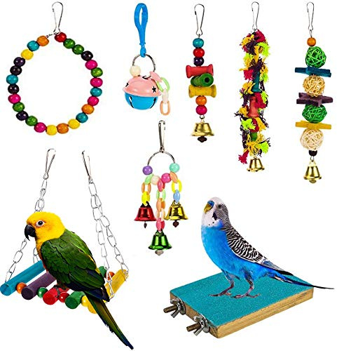 Yorgewd 8-Pack Bird Toys - Hanging Swing, Shredding Chewing Perches, Cage Toys for Parrots, Budgie, Cockatiels, Conures, Finches, Small Parakeets