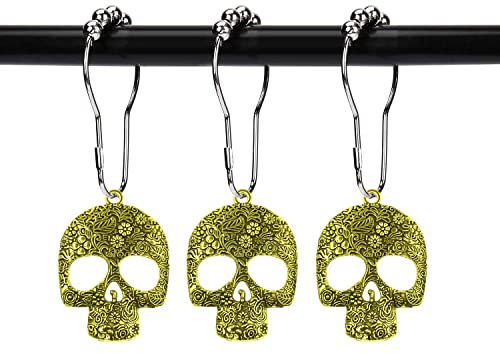 ZILucky Set of 12 Sugar Skull Shower Curtain Hooks Decorative Home Bathroom Stainless Steel Rustproof Skeletons Shower Curtain Rings Decor Accessories (Gold)