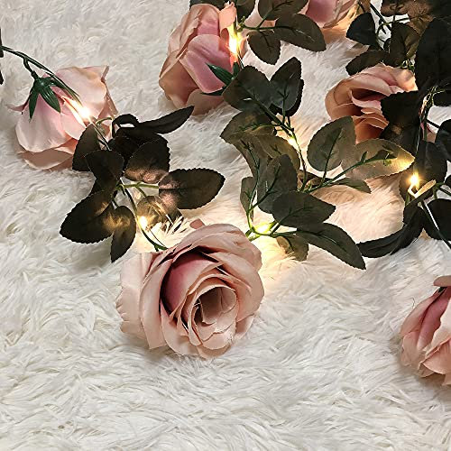 GUOCHENG Flower Garland Lights 2.45m Artificial Hanging Rose LED Copper Strings Battery Power Wreath Lights for Christmas Wedding Party Home Indoor Decorations-Rosybrown