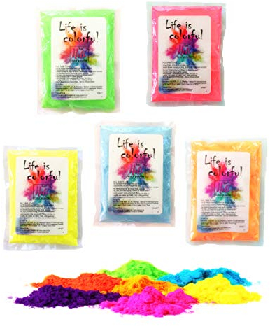 h2i Holi Pulver Neon UV | 5 Farben x 70 g | 350 g | Holi Color Powder - 5 UV Farbbeutel mit leuchtenden Neon-Farben | für Festivals Fotoshooting Baby-Shower Party-Foto Fun & Action