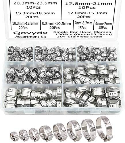 Qovydx 130 Pieces 1/4 - 1-1/8 Single Ear Hose Clamps 304 Stainless Steel PEX Cinch Clamps Stepless Cinch Crimp Rings Pinch Clamps for Pipe Fitting Connections (10 Sizes 6-29mm)