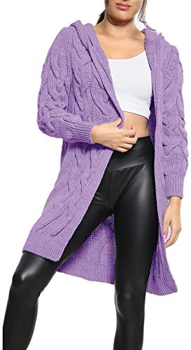 New Womens Chunky Cable Knitted Oversized Longline Hooded Cape Cardigan Ladies Baggy Pocket Long Jumpers Coatigan UK Plus Size 8-14