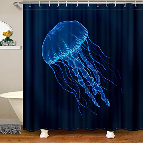 Loussiesd Quallen Duschvorhang 180x180cm Ozean Blau Badezimmer Wasserdicht Duschvorhang Textil Kinder Jungen Mädchen Funkeln Unterwasser Weltzubehör mit Haken Marine Wasser Tier Dekor Vorhänge
