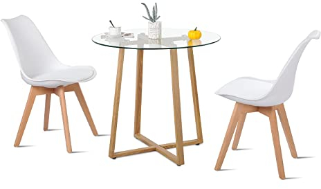 H.J WeDoo Esszimmergruppe Esstisch mit 2 Stühlen, Rund Esstisch Glas und 2 Stühle im nordischen Stil für Balkon & Esszimmer & Wohnzimmer, Weiß